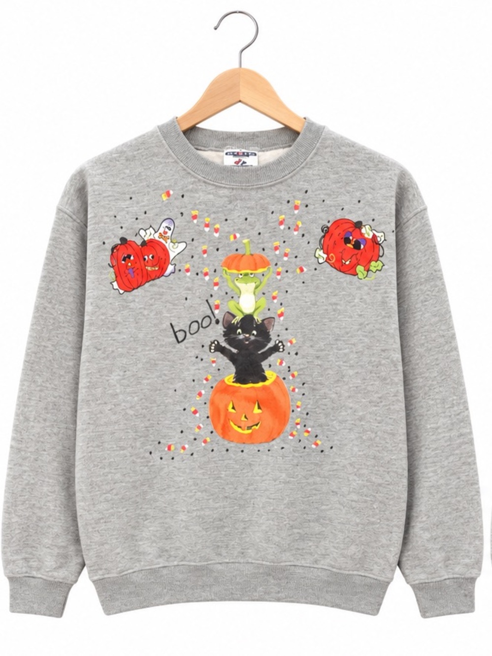 VTG 90s Hand Crafted Halloween Sweatshirt M Boo Cat Pumpkin ghost cottagecore